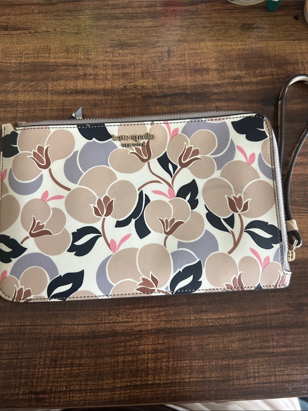 kate spade Floral Print Wristlet in Beige, Black & Pink